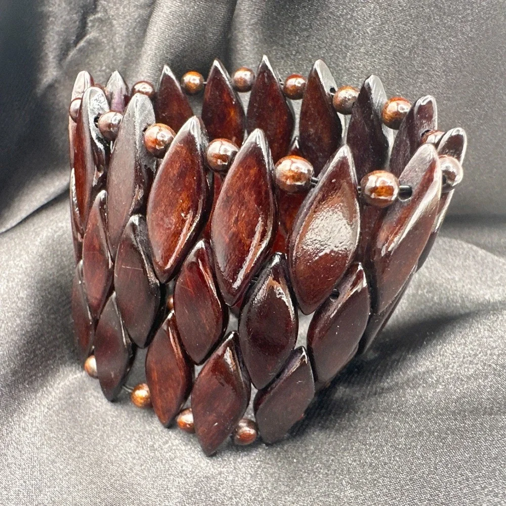 Vintage 90s Brown Wood Bead Stretch Cuff Bracelet Boho Jewelry